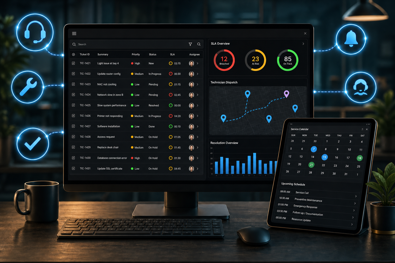 Service management dashboard with tickets, schedules and SLA tracking